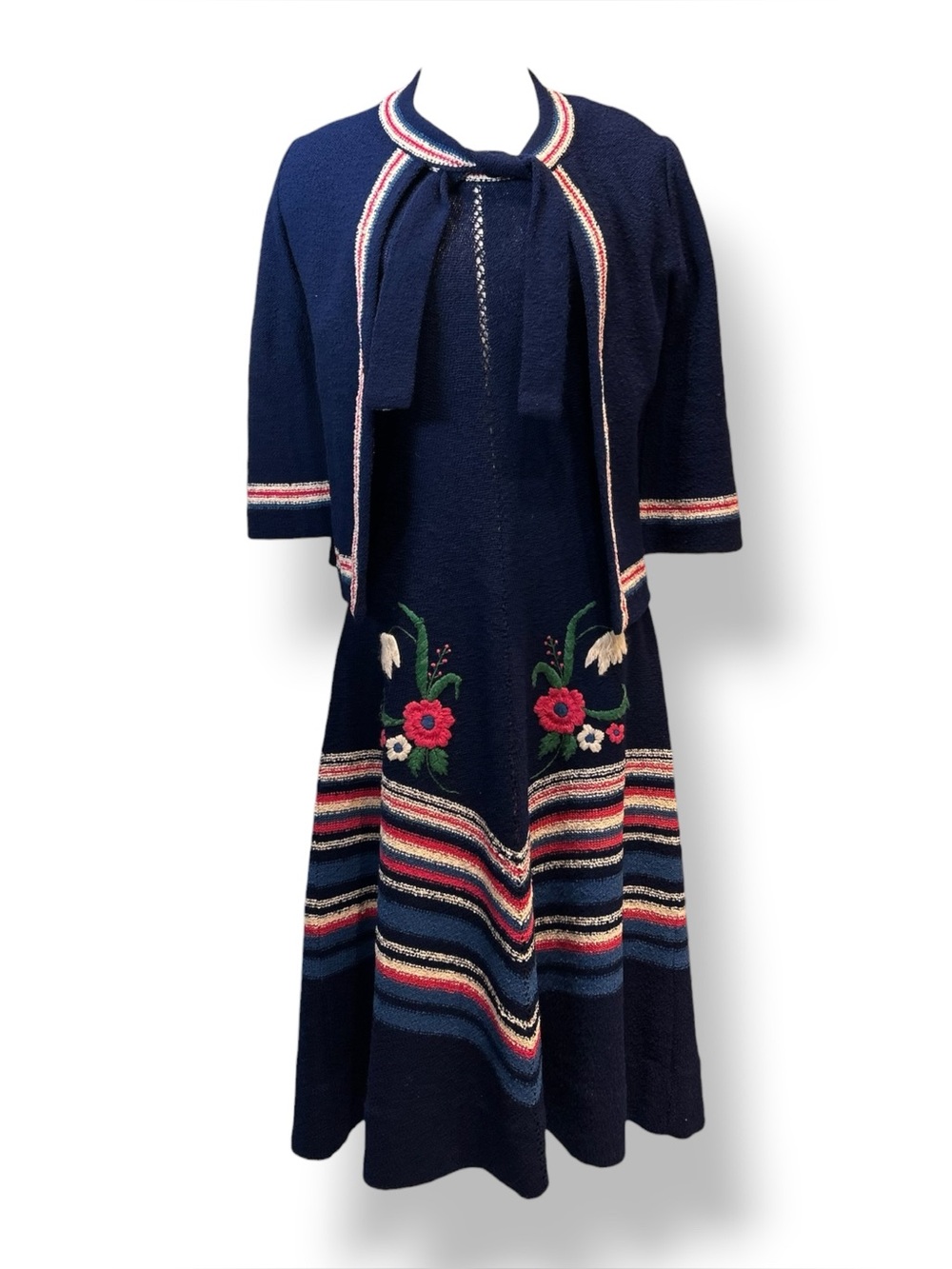 Vintage 1970s Knit Floral Embroidery Two Midi Dress and Cardigan Set Size Small